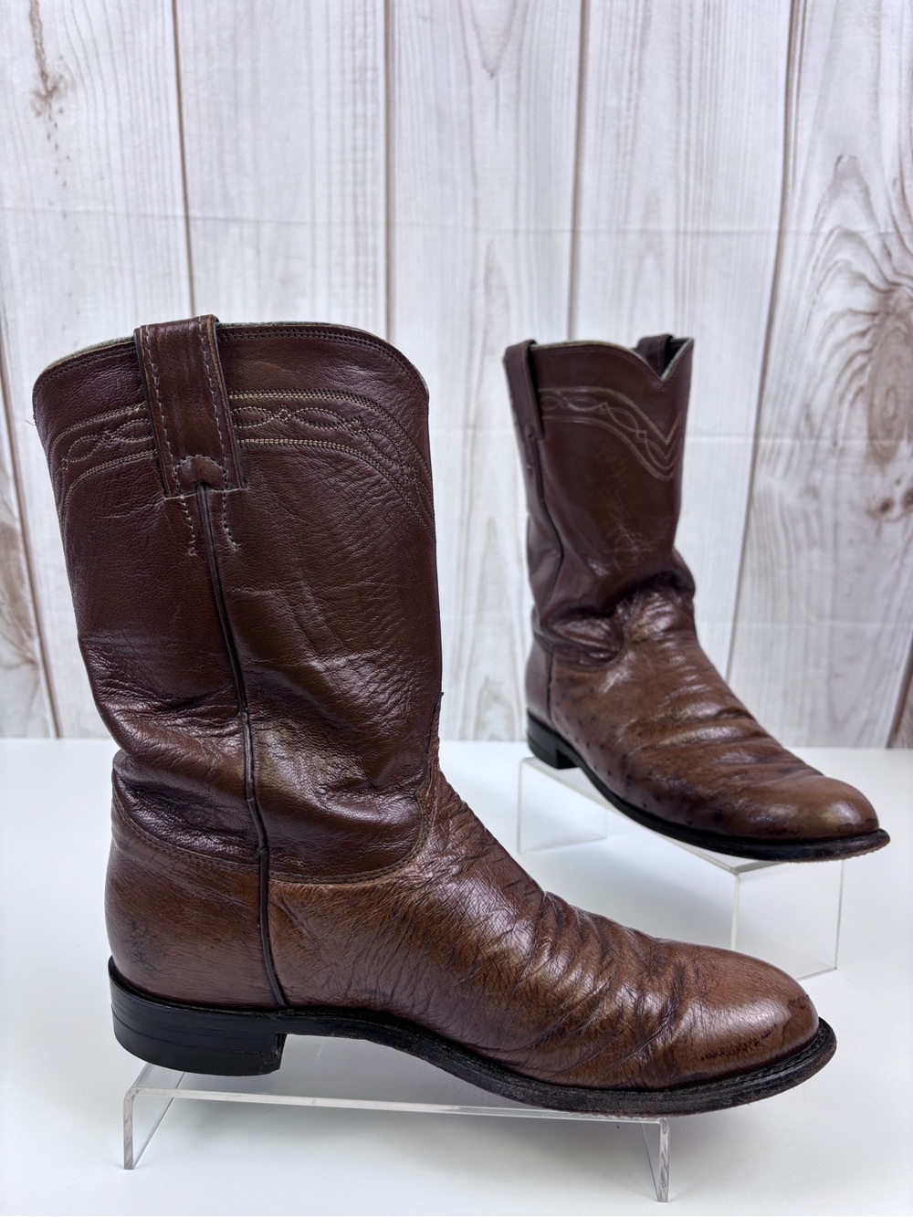 Vintage Justin Boots Smooth Quill Ostrich Leather Western Roper Cowboy Brown 9B - Picture 2 of 14